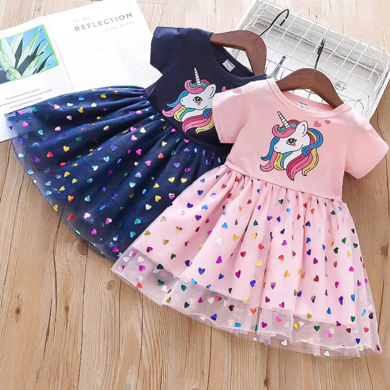 Cotton Cartoon Unicorn Mesh Party Princess Dress